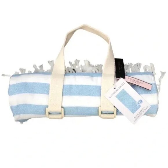 Victoria's Secret Beach Towel Blanket Sky Blue / White With Holder - Picture 3 of 6